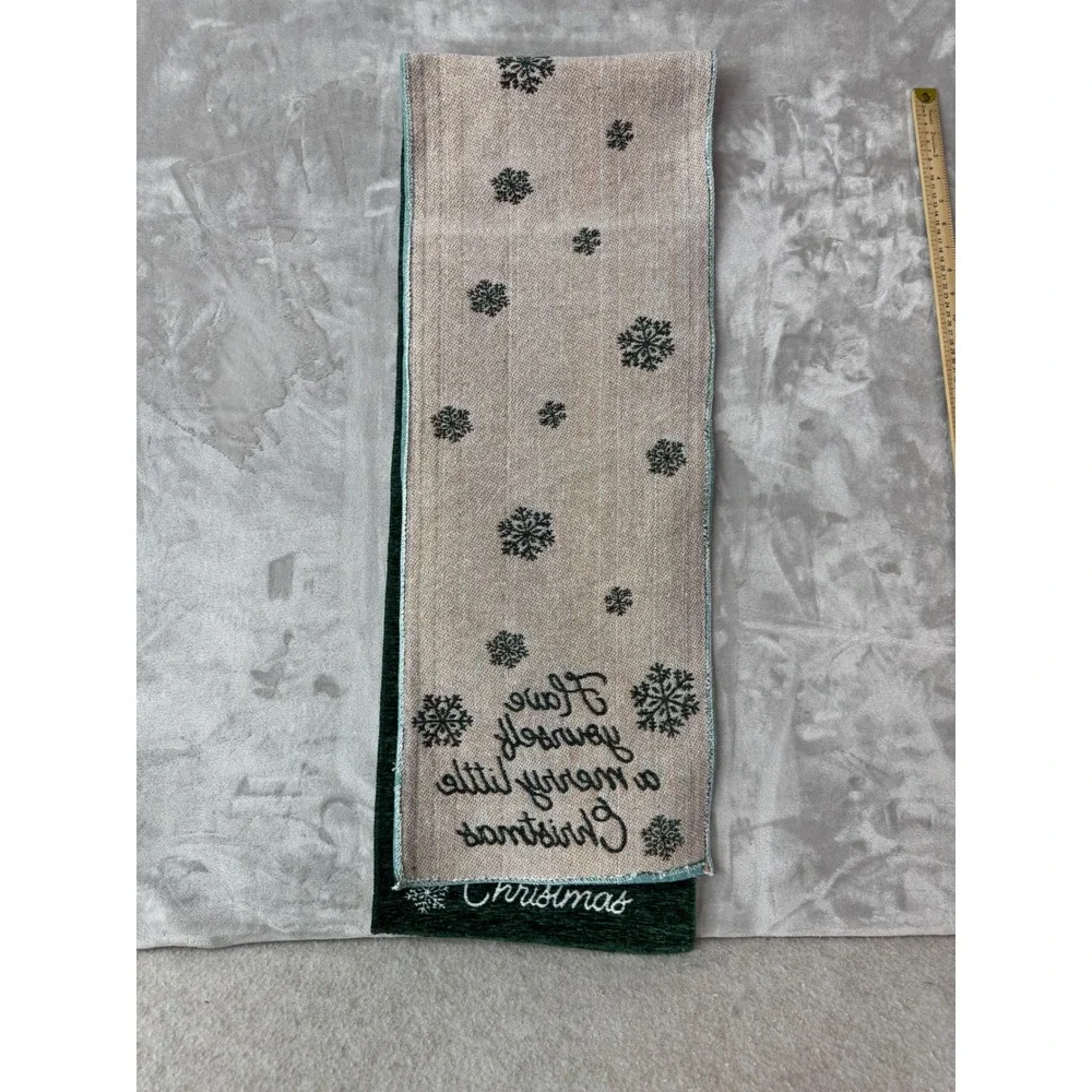 Green Christmas Table Runner Merry Little Christmas Snowflakes 70in